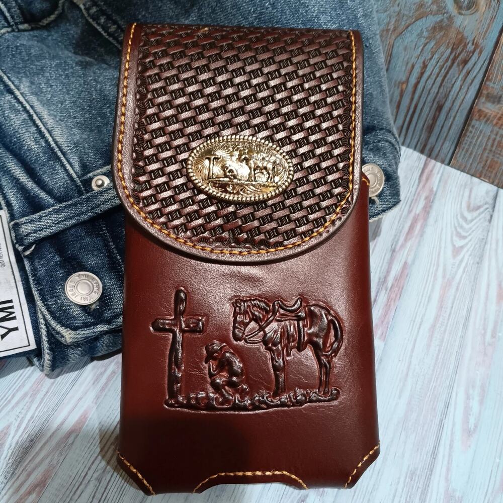 Praying Cowboy Belt Loop Phone Holster Brown LARGE Genuine Leather Embossed 7"